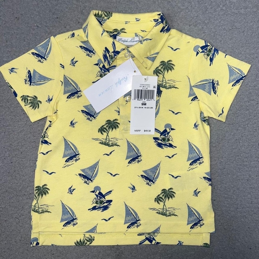 NWT Ralph Lauren Shirt Toddler Sz 9M Yellow Polo Sail Boat Palm Tree Surfing AOP